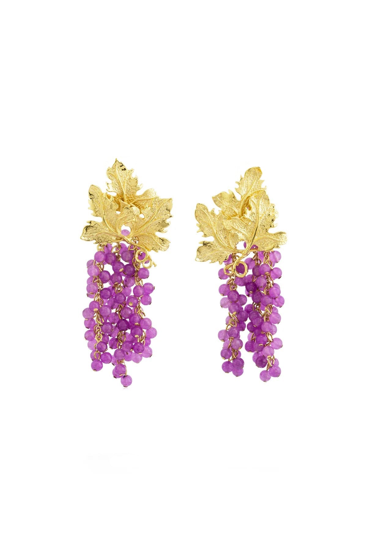 A pair of gold-plated earrings with leaf-shaped tops and red jade stone clusters