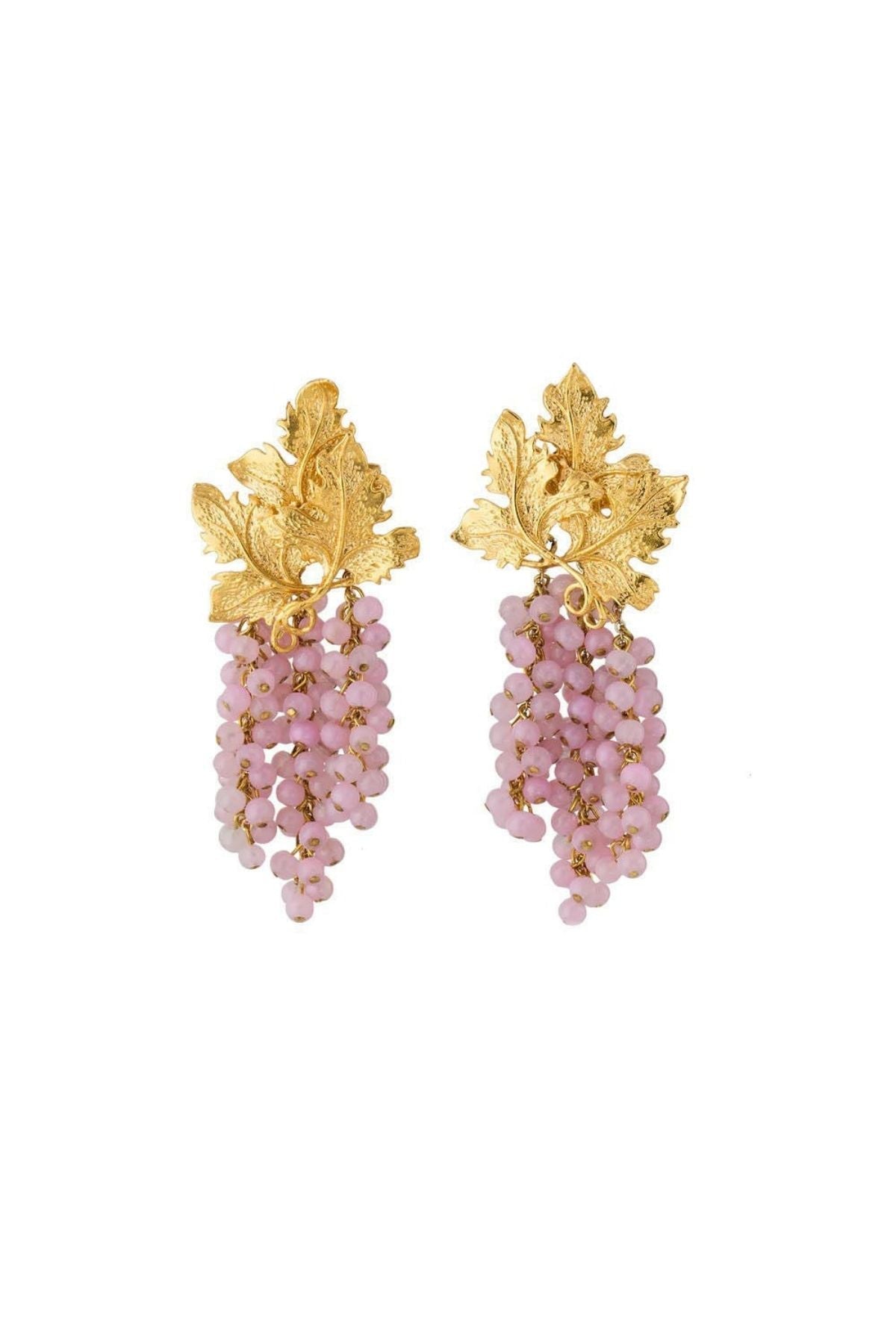 Gold earrings with pink bead drops on a white background