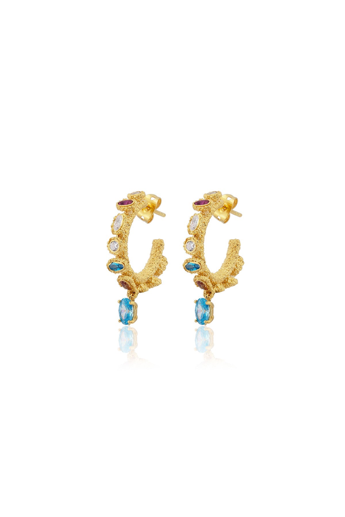 A pair of gold-plated silver earrings featuring swarovski crystals in a hoop design with a pin closure.