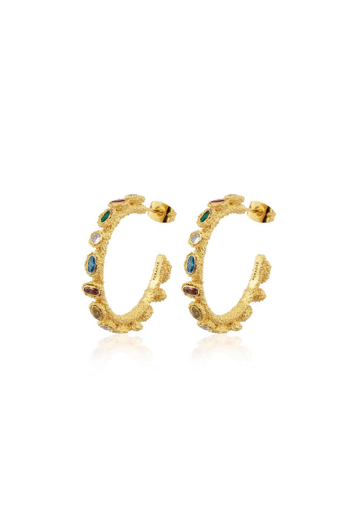 A pair of gold-plated silver earrings with swarovski crystals in a hoop design, featuring a pin closure.