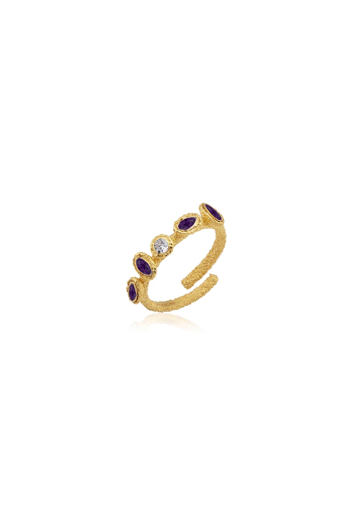 A gold-colored ring with adjustable band and multicolored stones around the circumference.