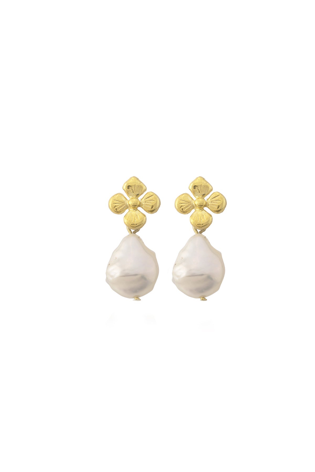 A pair of gold-plated bronze earrings with baroque pearls attached to them, displayed against a white background.