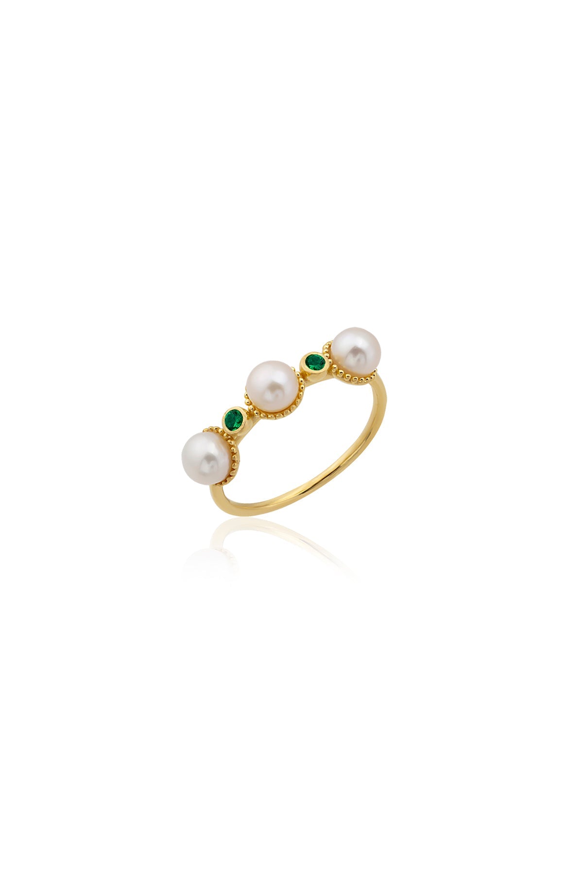 A gold-colored ring with baroque pearl inlays and small red Swarovski crystals, displayed against a white background