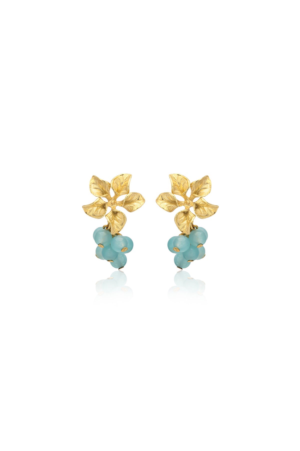 A pair of gold-plated earrings with baroque pearl and jade stone accents.