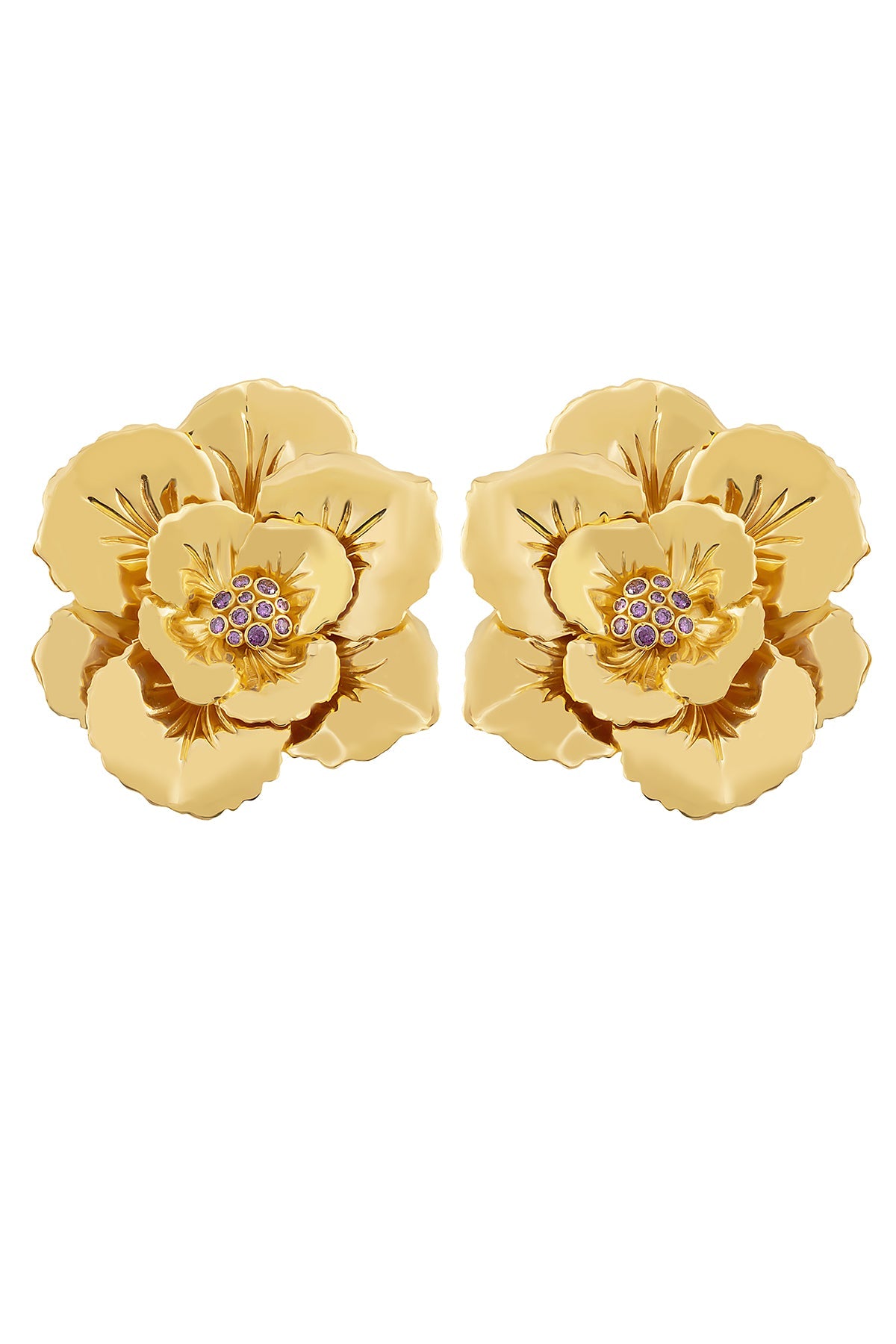 A pair of gold-colored floral design earrings with a pin closure.