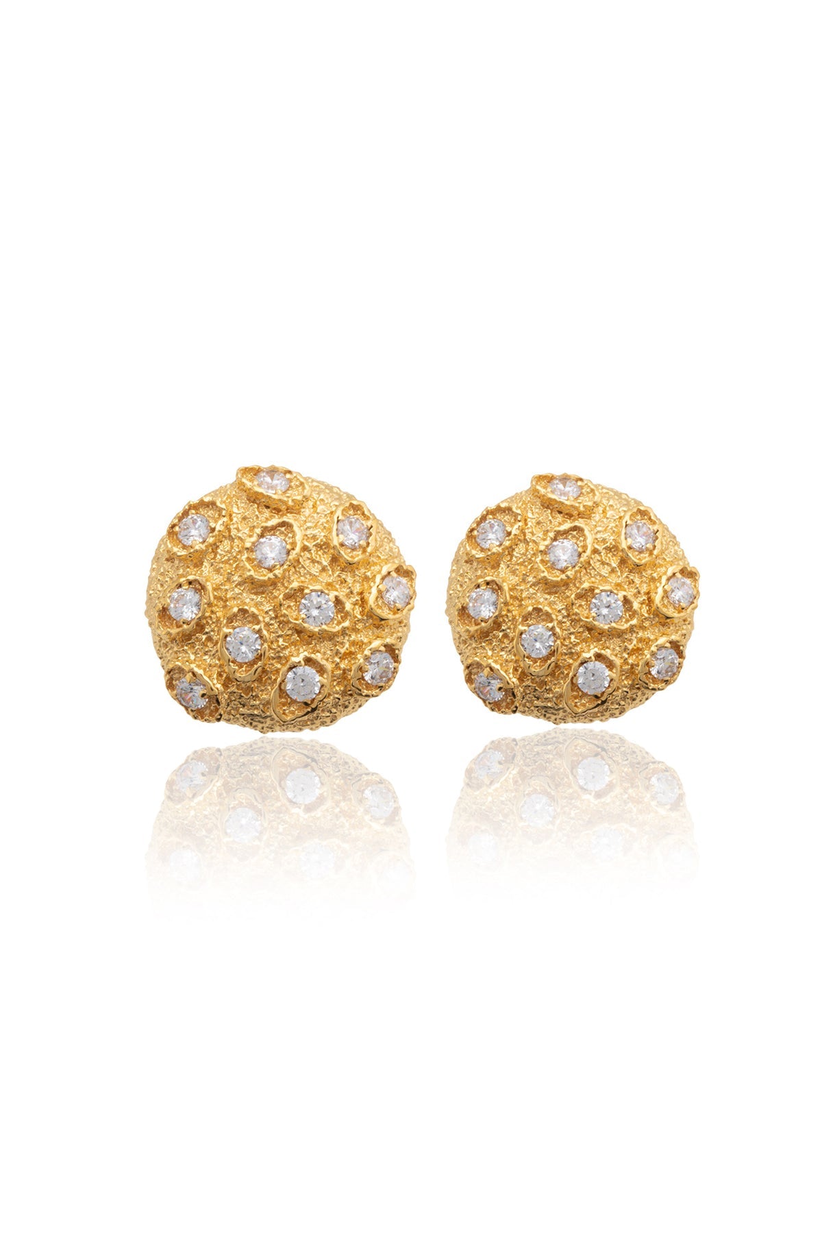 A pair of gold-plated bronze earrings with swarovski crystals, round in shape, with a pin closure.