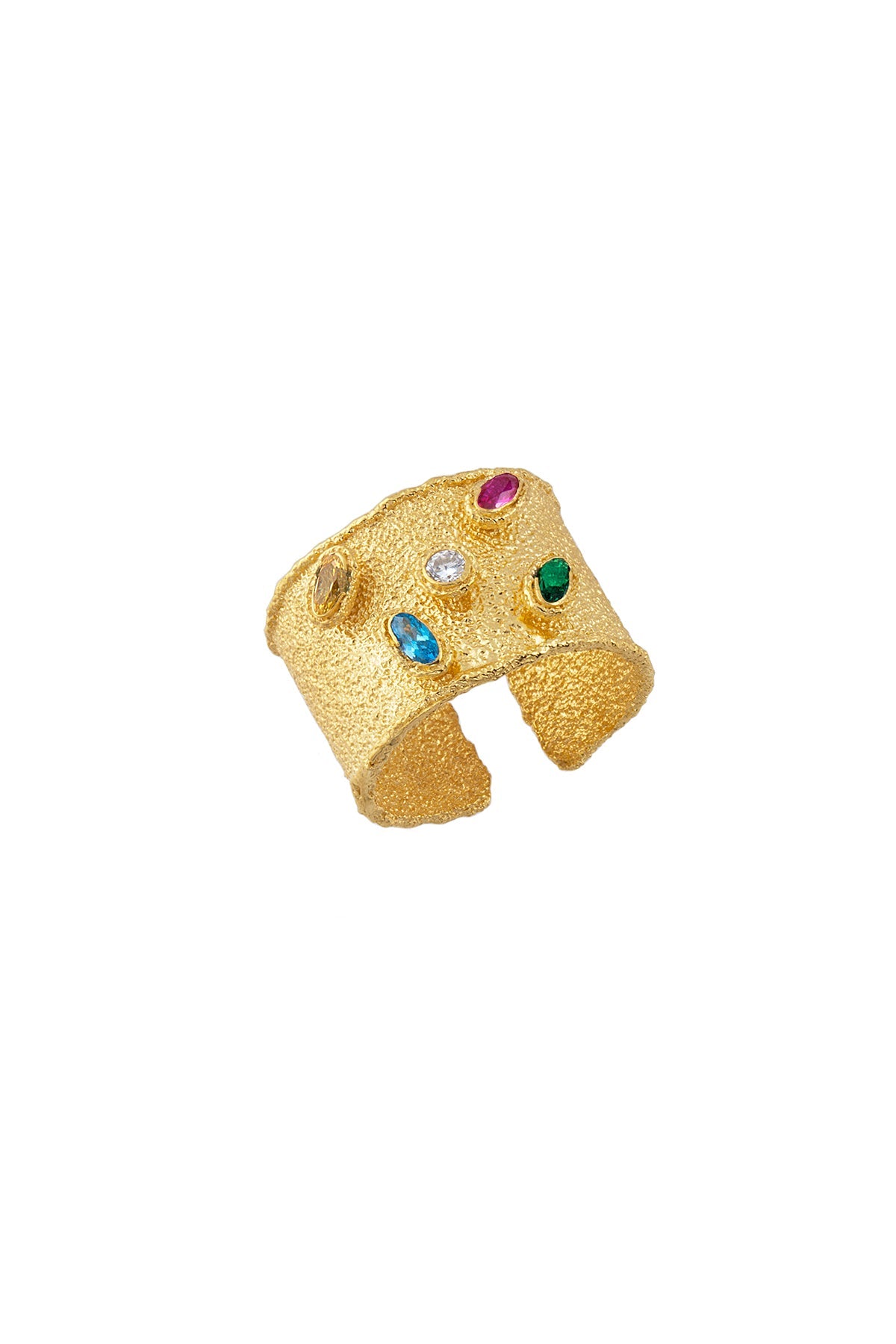 A gold-colored adjustable ring with multicolored Swarovski crystals on it.
