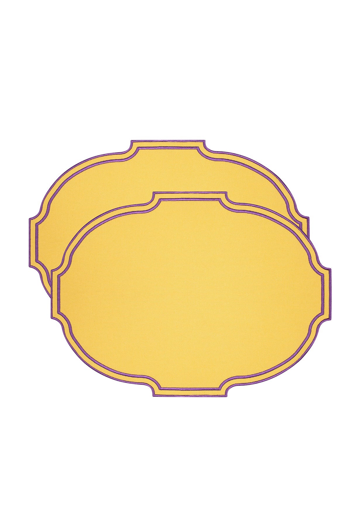 Two oval-shaped placemats in yellow with a purple border.
