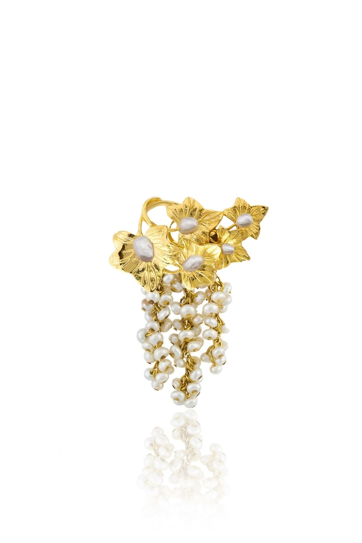 Gold earring with pearl drops on a white background