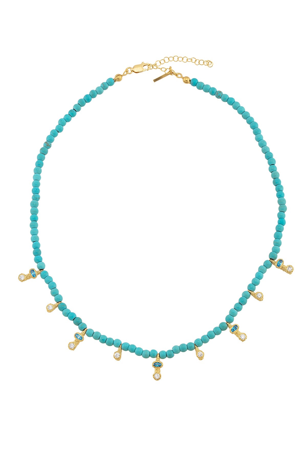 A gold-plated necklace with rose quartz stones and small gold charms, displayed against a white background.