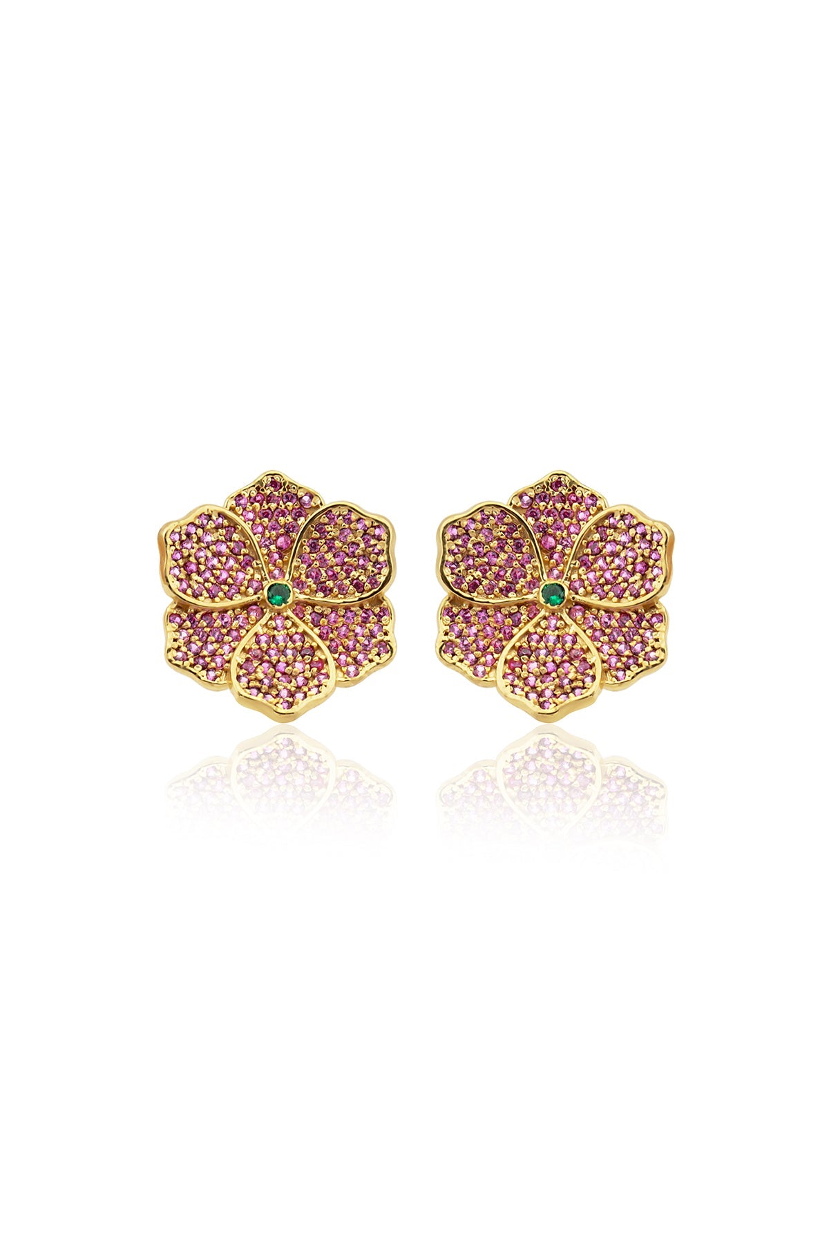 A pair of gold-plated bronze earrings adorned with blue and green swarovski crystals, featuring a floral design and pin closure.
