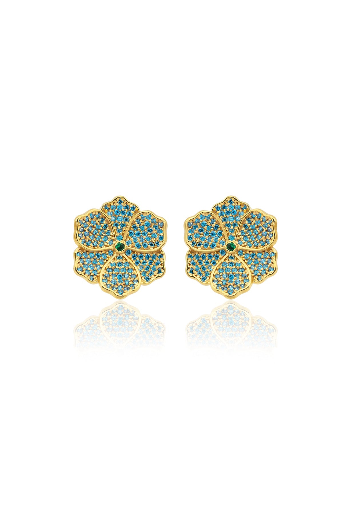 A pair of gold-plated bronze earrings adorned with blue and green swarovski crystals, featuring a floral design and pin closure.
