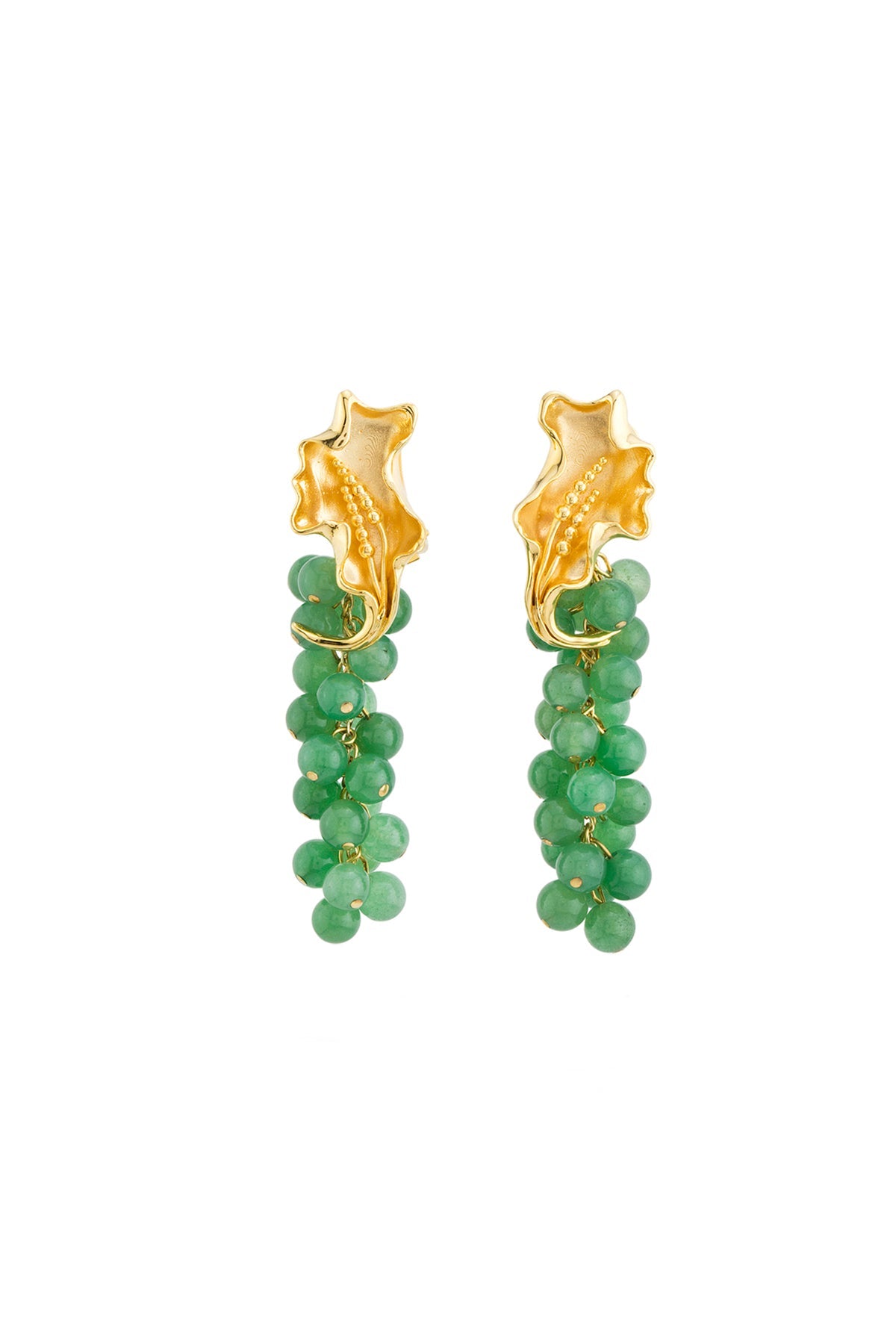 A pair of gold-plated earrings with bronze color and blue jade stones.