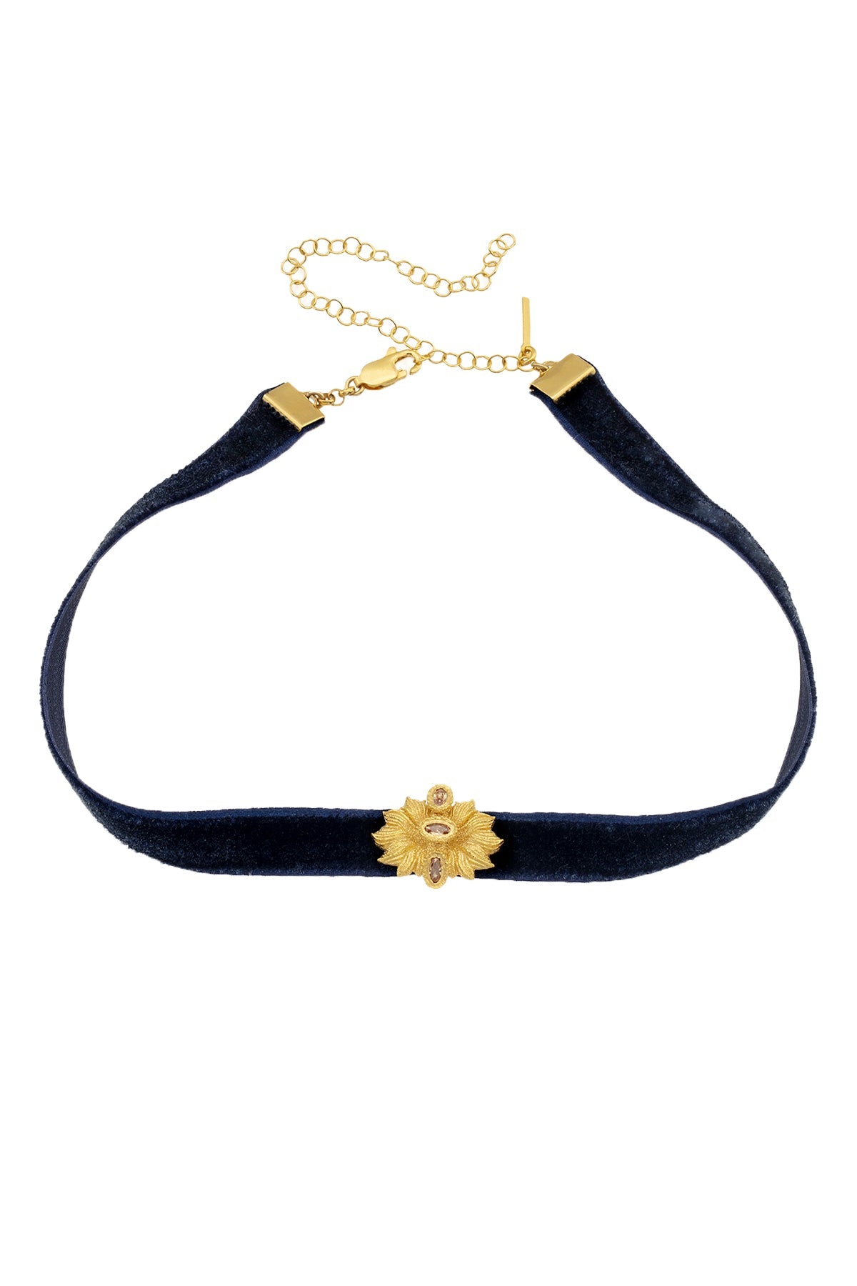 A black velvet rope choker necklace with a gold-tone floral pattern at the center, featuring a gold-tone adjustable chain.
