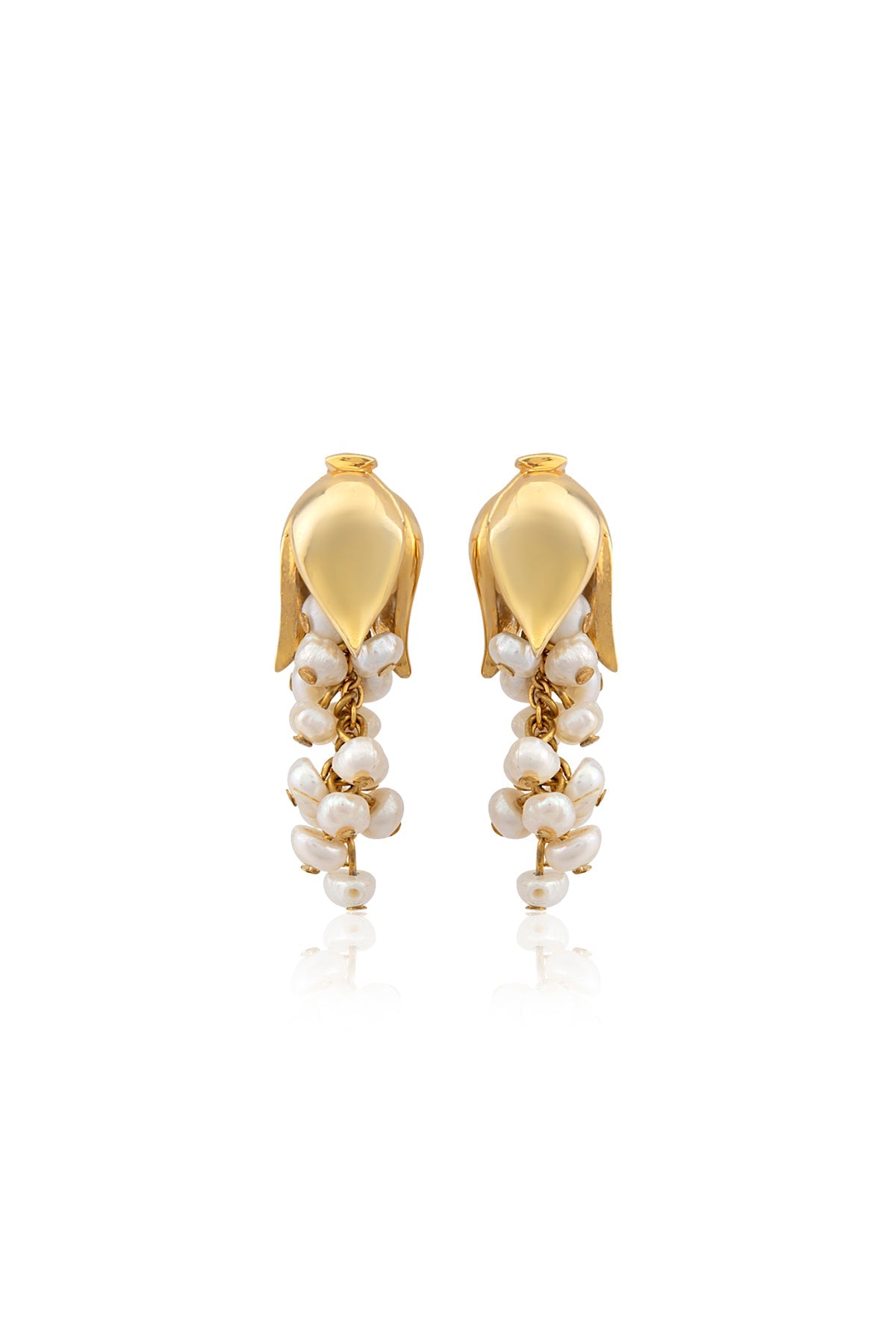 A pair of gold-plated earrings featuring baroque pearls arranged in a floral pattern with a pin closure.