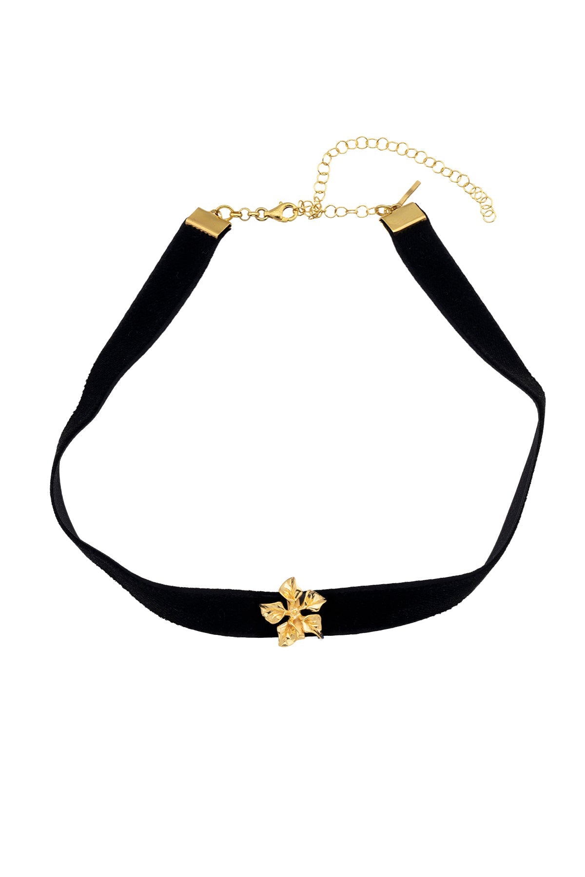 A black velvet rope necklace with a 24k gold plated bronze pendant, featuring gold-tone cap ends and a clasp.