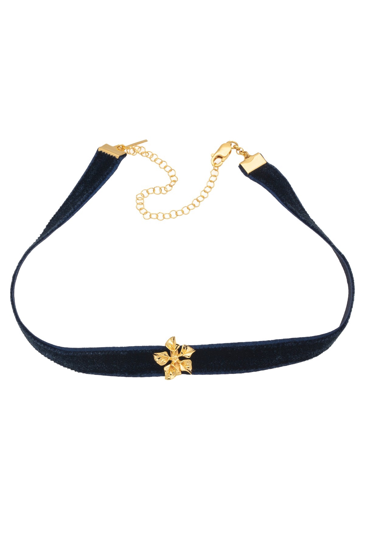 A black velvet rope necklace with a 24k gold plated bronze pendant, featuring gold-tone cap ends and a clasp.