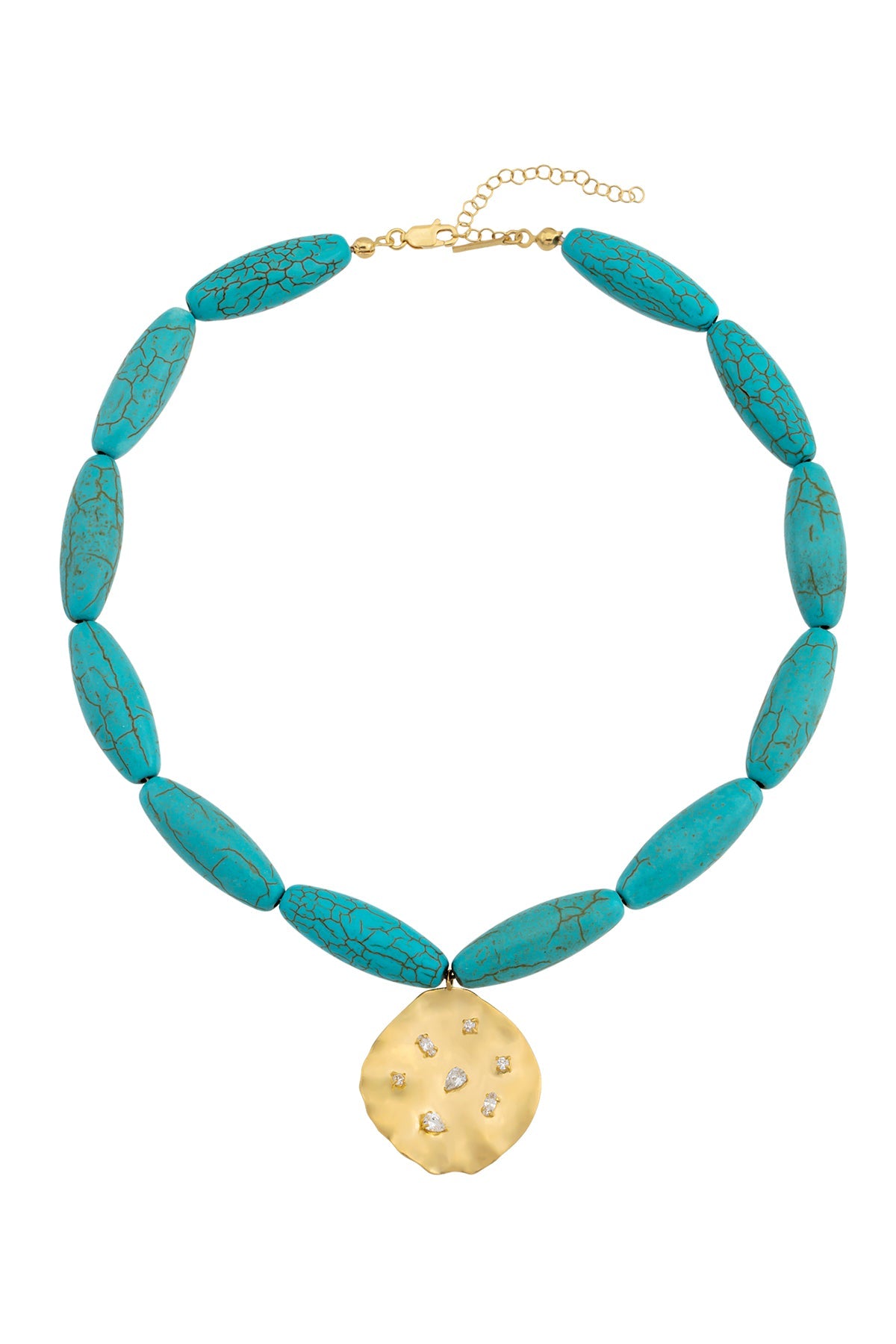 A gold-plated bronze necklace with turquoise stones and a gold-plated disc pendant adorned with white crystals.
