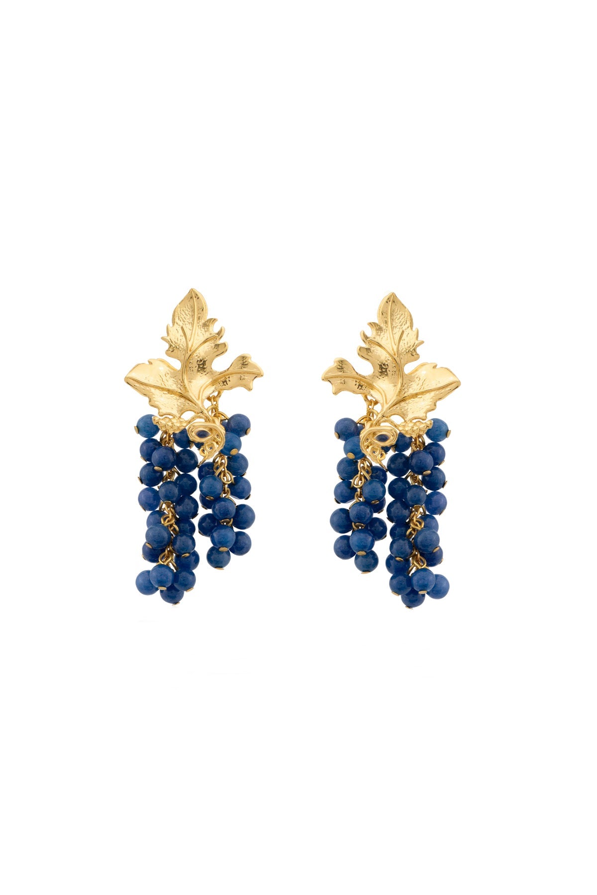 A pair of gold-plated earrings featuring a leaf design atop a cluster of blue stones, with a pin closure.