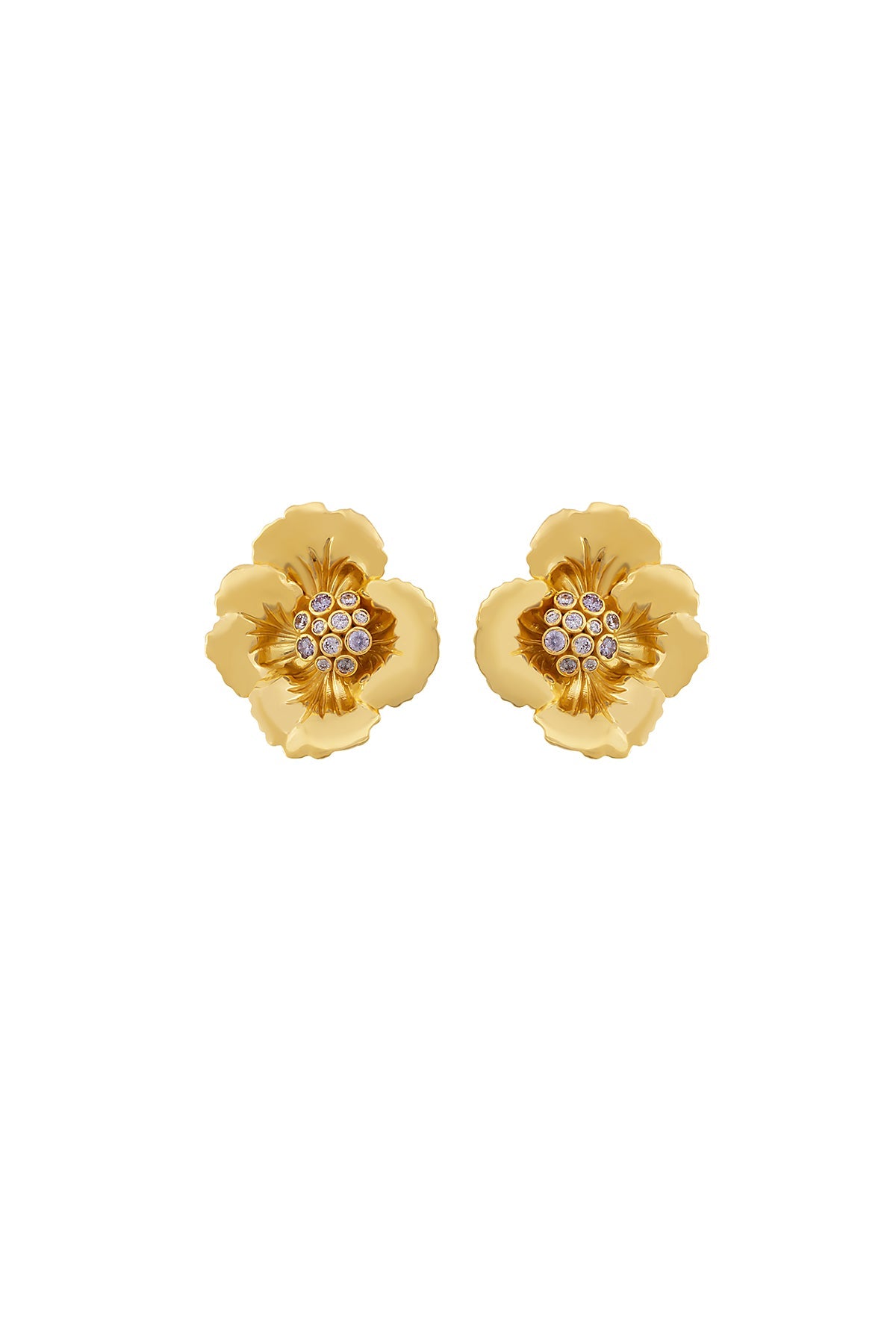 A pair of gold-plated bronze earrings with floral designs and green Swarovski crystals in the center, closed with a pin mechanism.