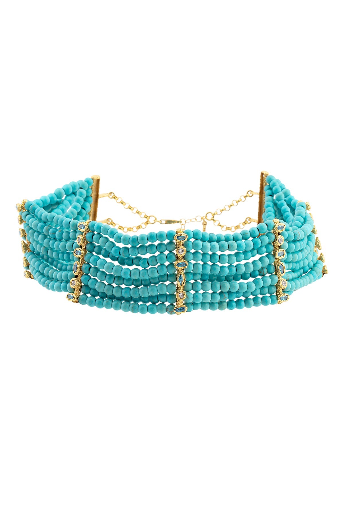A turquoise-colored choker necklace with gold plating and Swarovski crystals.
