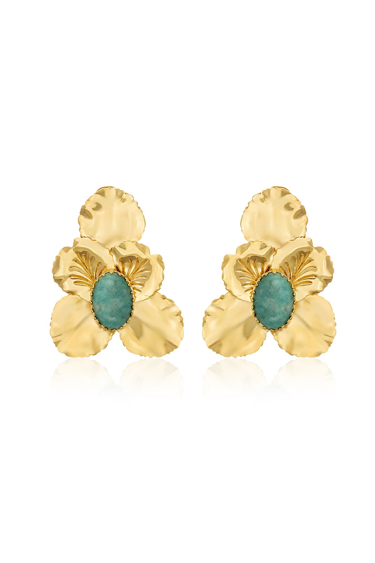 A pair of gold-plated bronze earrings with clip-on closure featuring green amazonite stones, designed in a floral pattern.