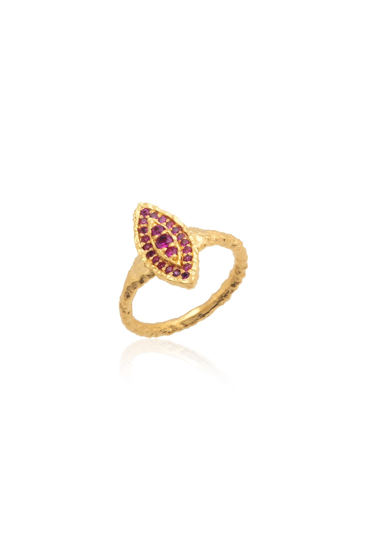 A gold-colored ring with a central swarovski crystal, surrounded by smaller clear crystals, set on a white background.