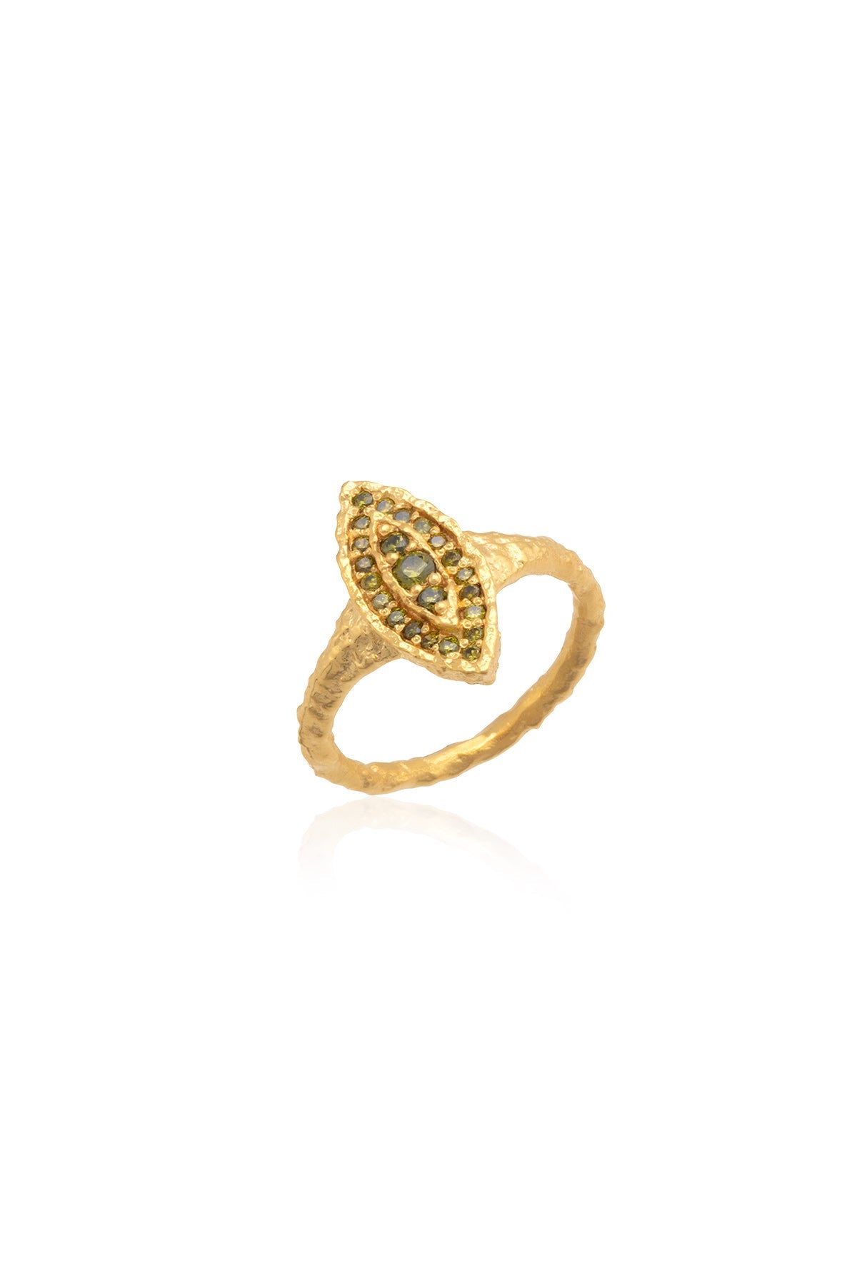 A gold-colored ring with a central swarovski crystal, surrounded by smaller clear crystals, set on a white background.