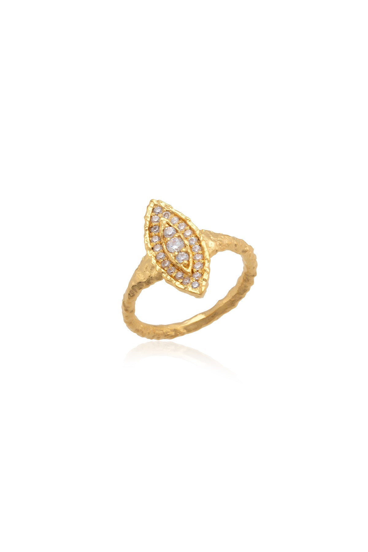 A gold-colored ring with a central swarovski crystal, surrounded by smaller clear crystals, set on a white background.