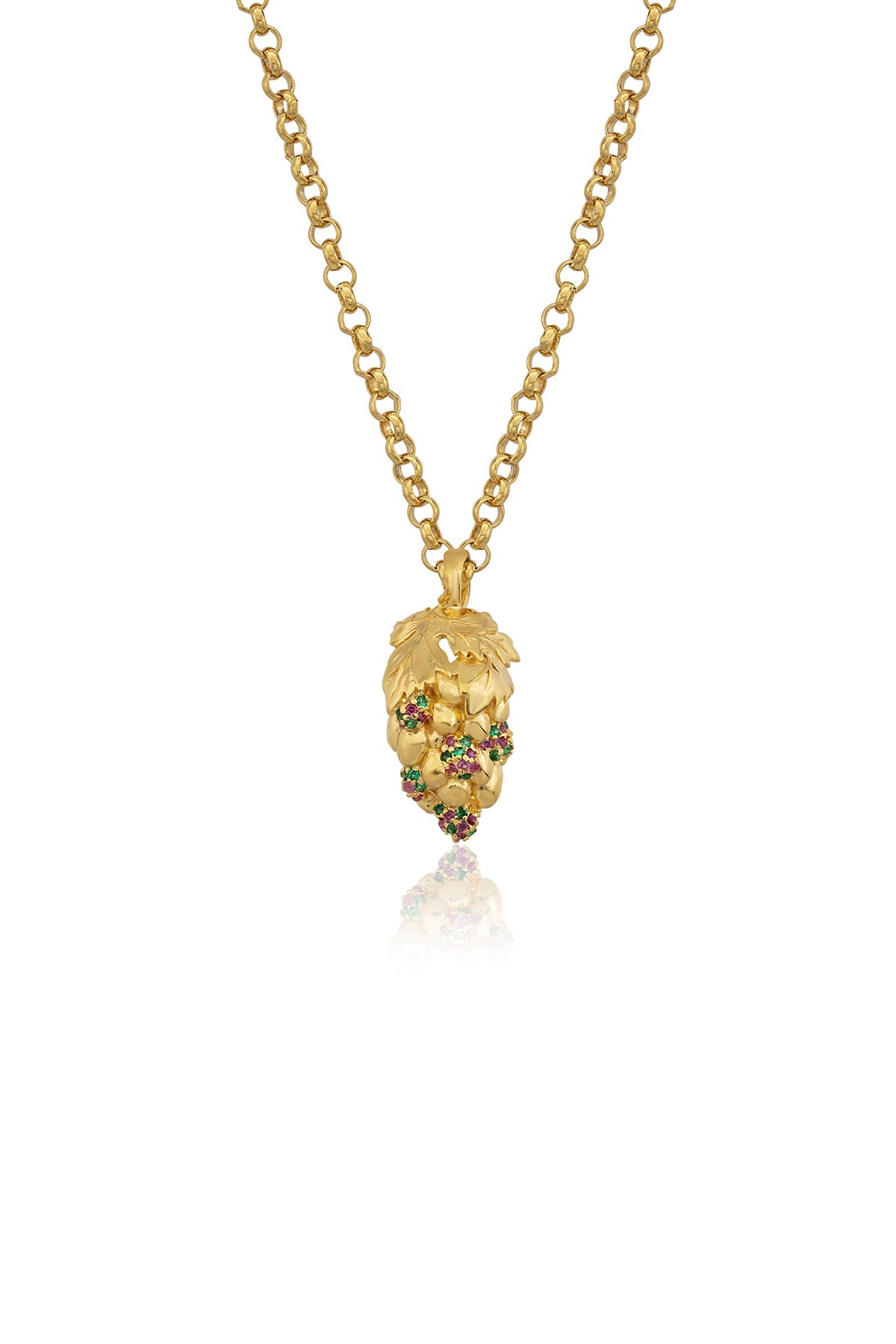 A gold-plated bronze necklace with a skull pendant adorned with silver Swarovski crystals, on a gold chain.