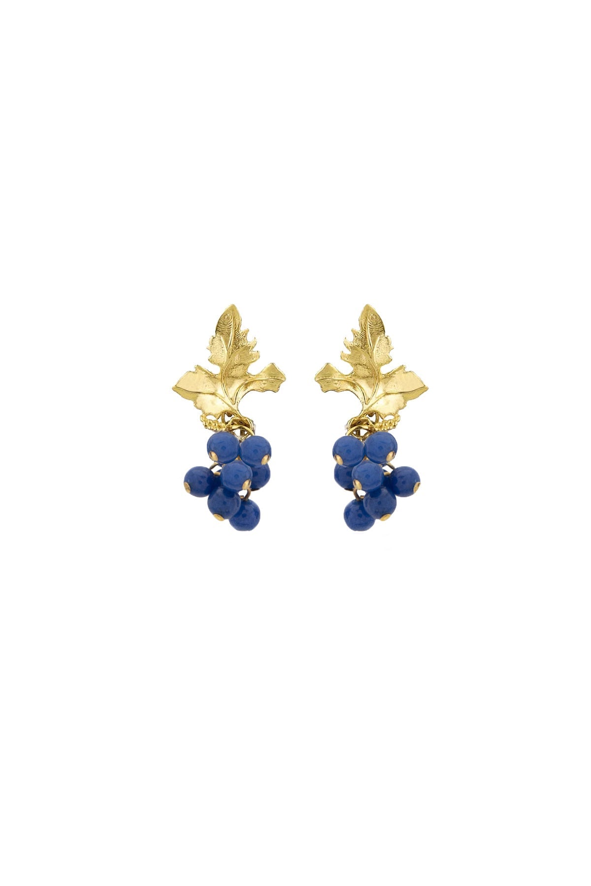 A pair of gold-plated earrings featuring leaf-shaped designs with blue jade stones.