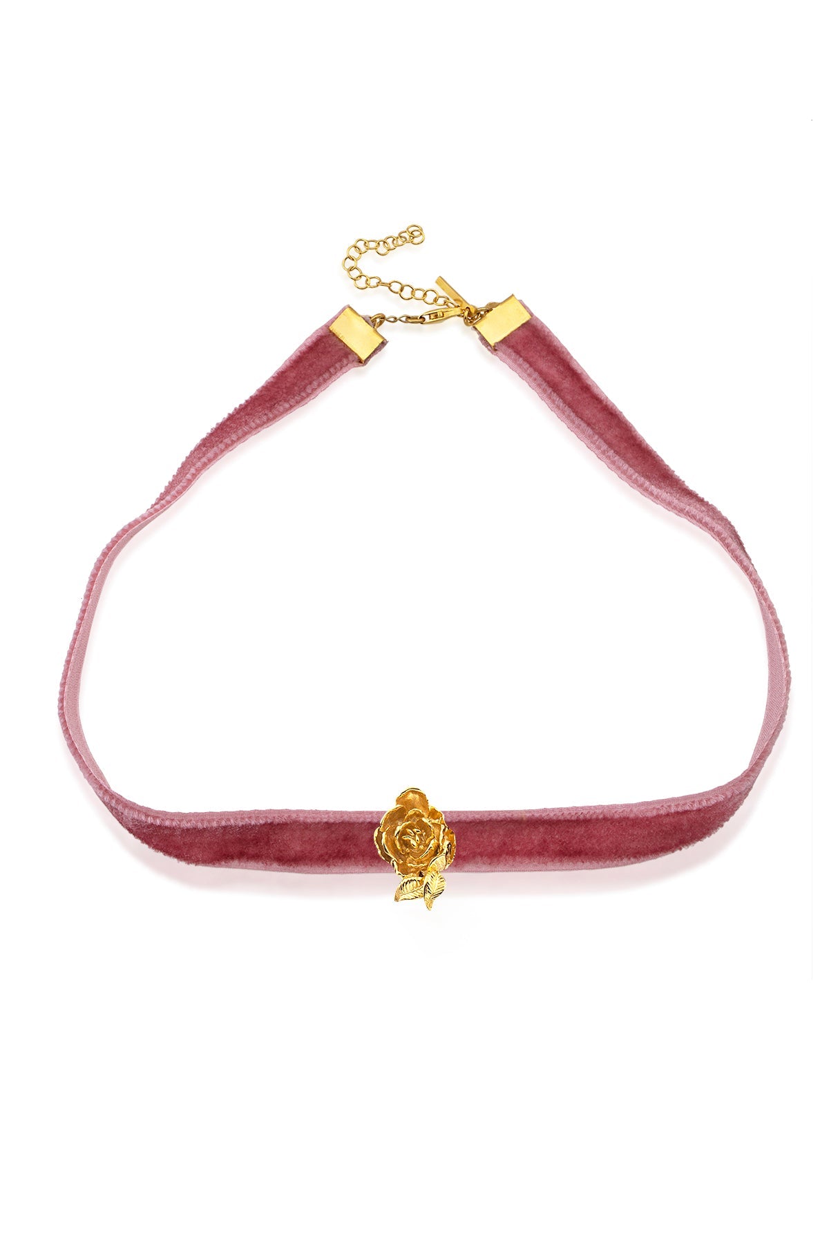 A gold-plated bronze pendant on a velvet rope choker necklace, with a pink hue and a clasp at the back.