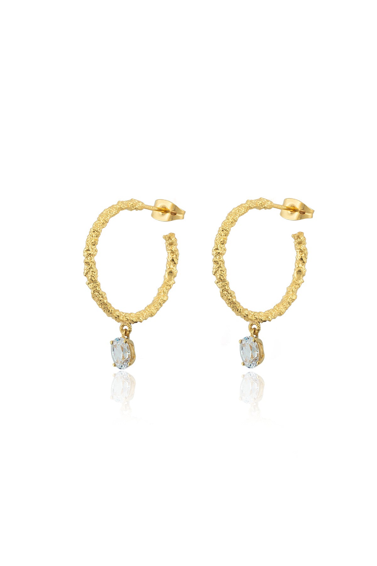 A pair of gold-colored hoop earrings with blue stones attached to the bottom, closed with a pin clasp.