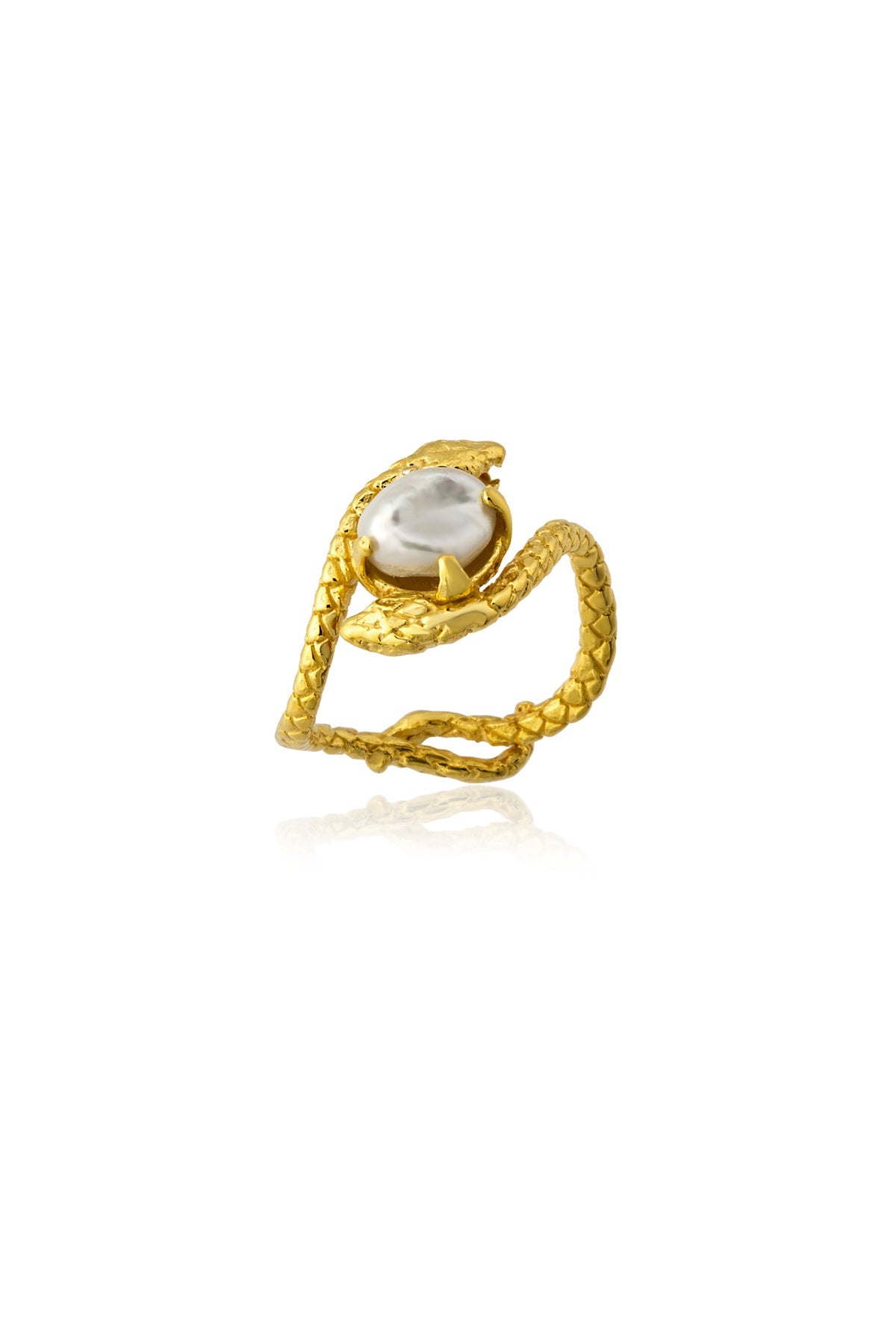 A gold-colored ring with a baroque pearl set in the center, designed with textured details and an adjustable band.