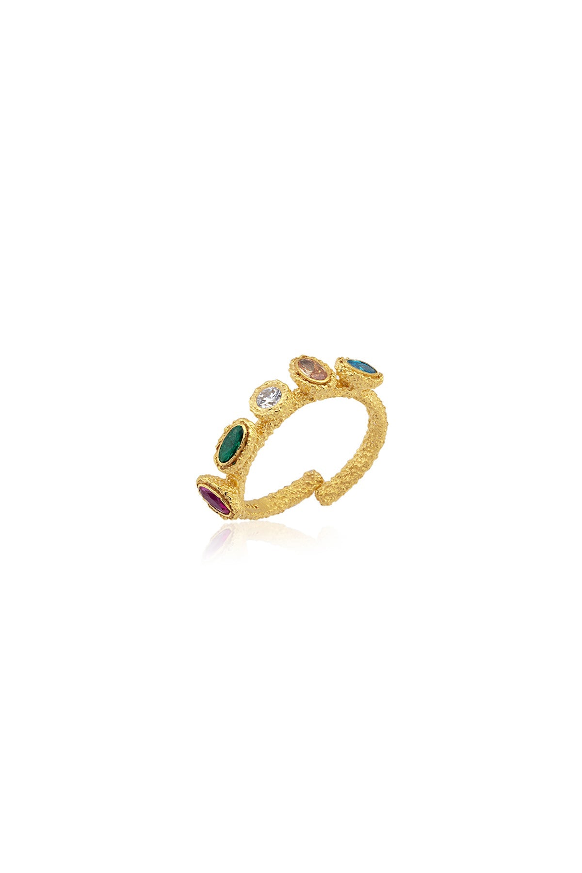 A gold-colored ring with adjustable band and multicolored stones around the circumference.