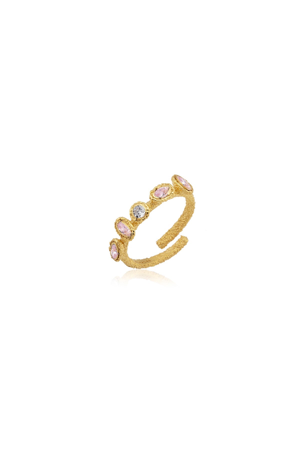 A gold-colored ring with adjustable band and multicolored stones around the circumference.