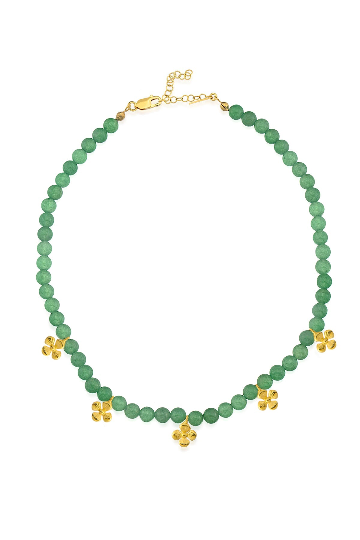 A gold-plated necklace with green jade stones and gold charms, presented against a white background.
