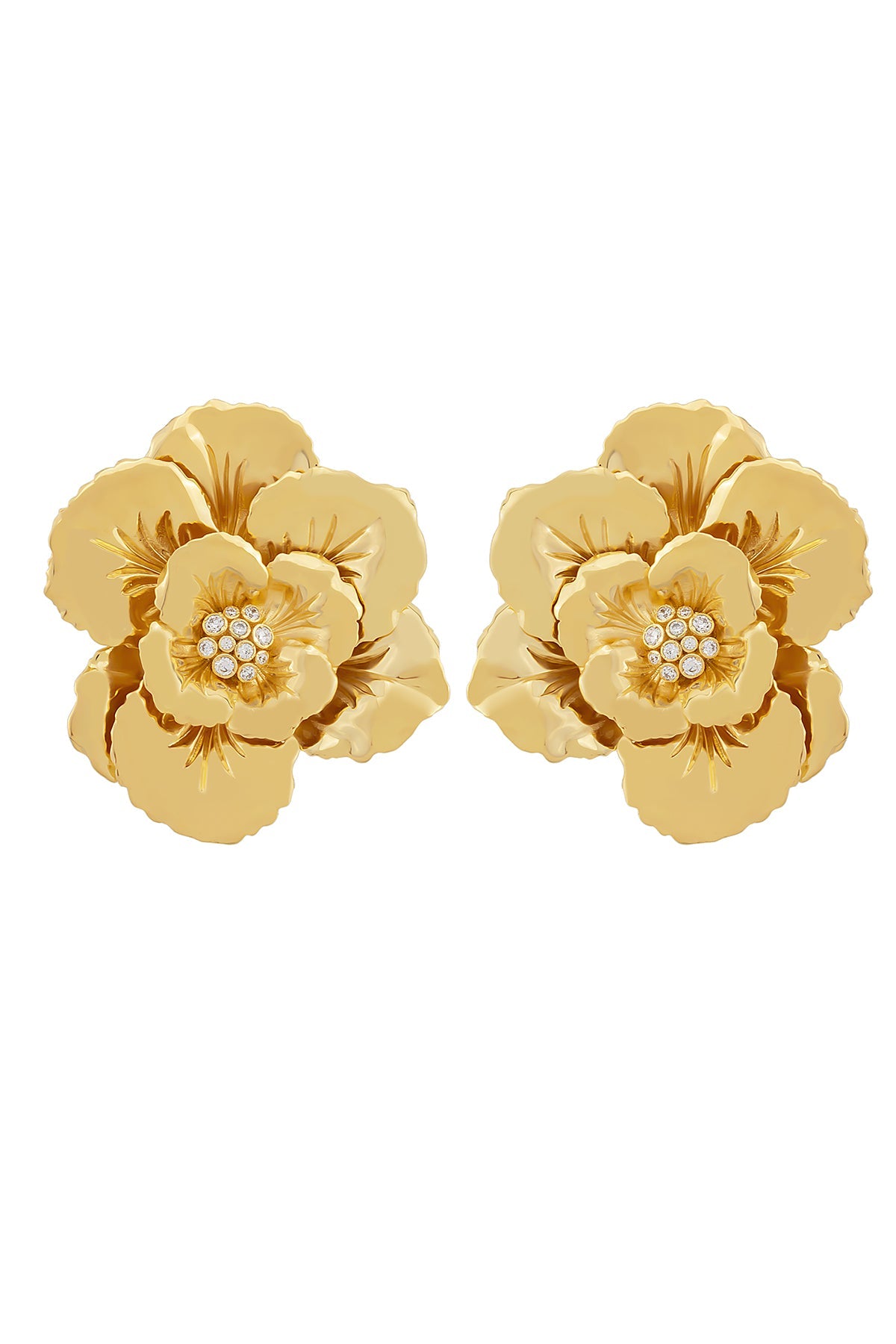 Gold floral earrings on a white background