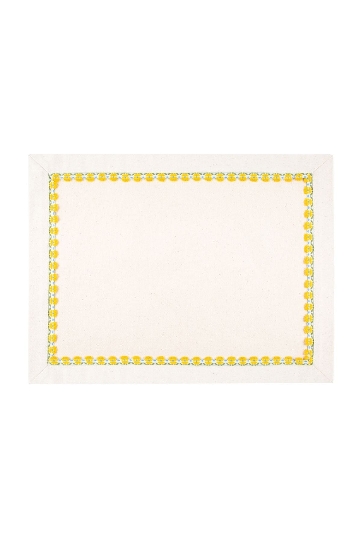 White placemat with yellow border on a white background