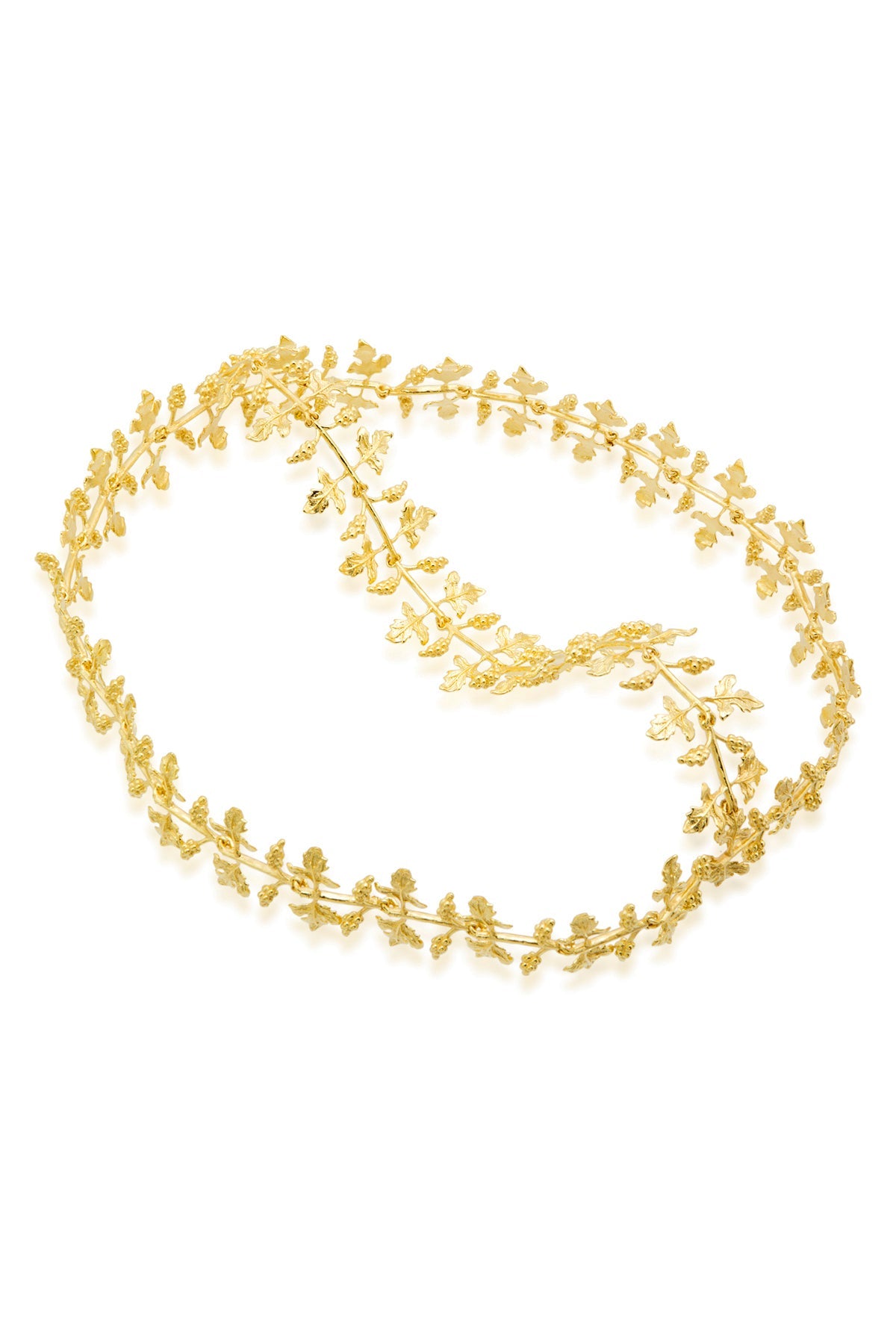 A 24k gold plated bronze hair wreath with intricate leaf patterns.
