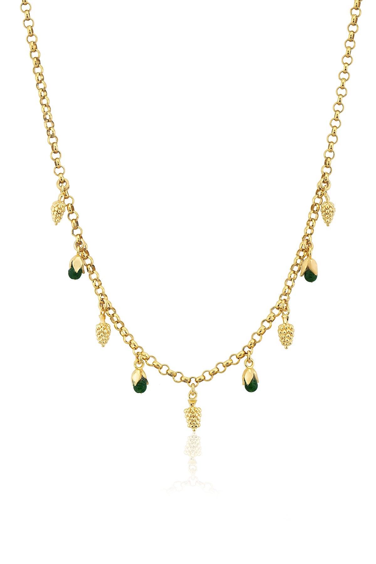 A gold-plated necklace featuring baroque pearl and jade stone pendants on a chain.