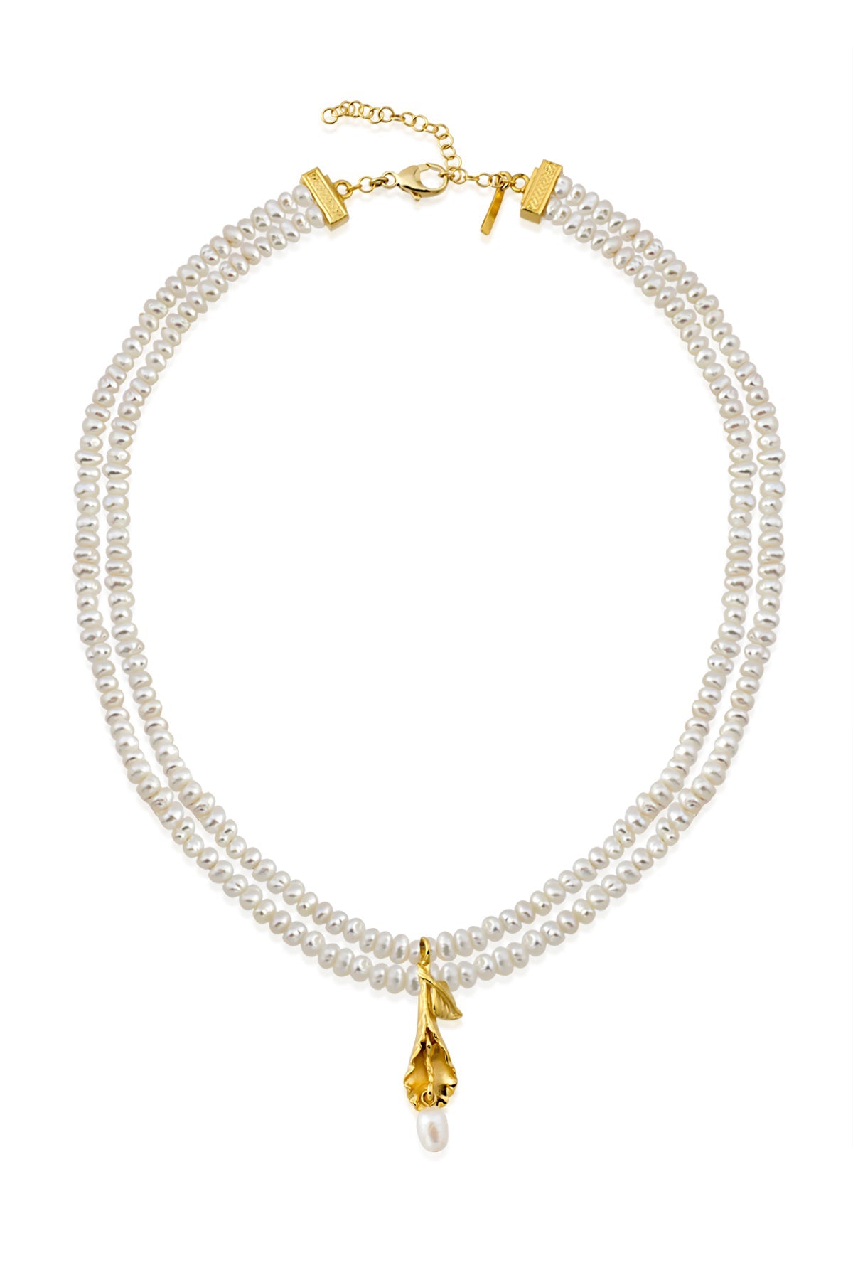 A gold-plated choker necklace with white baroque pearls and a gold teardrop pendant at the center, displayed against a white background.