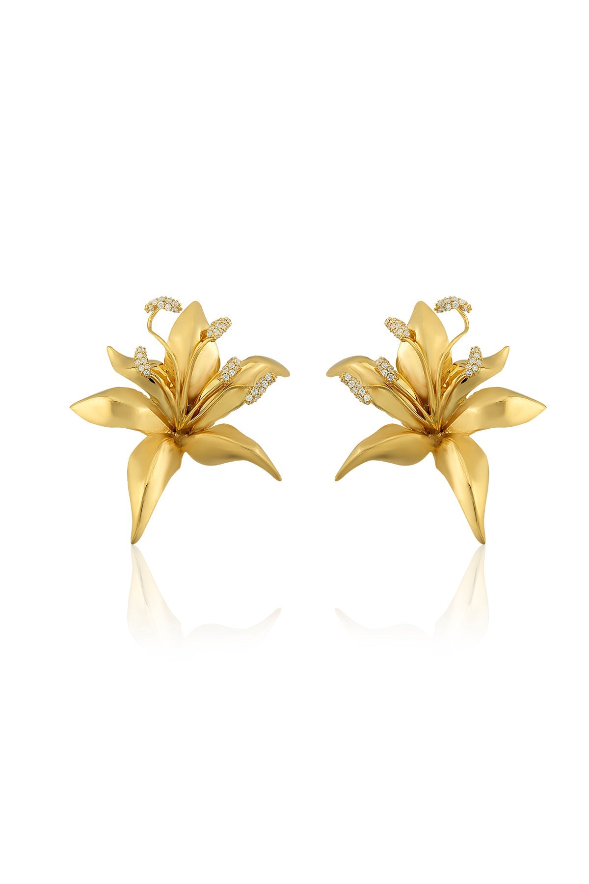 A pair of gold-plated bronze earrings designed to resemble lilies with Swarovski crystals.