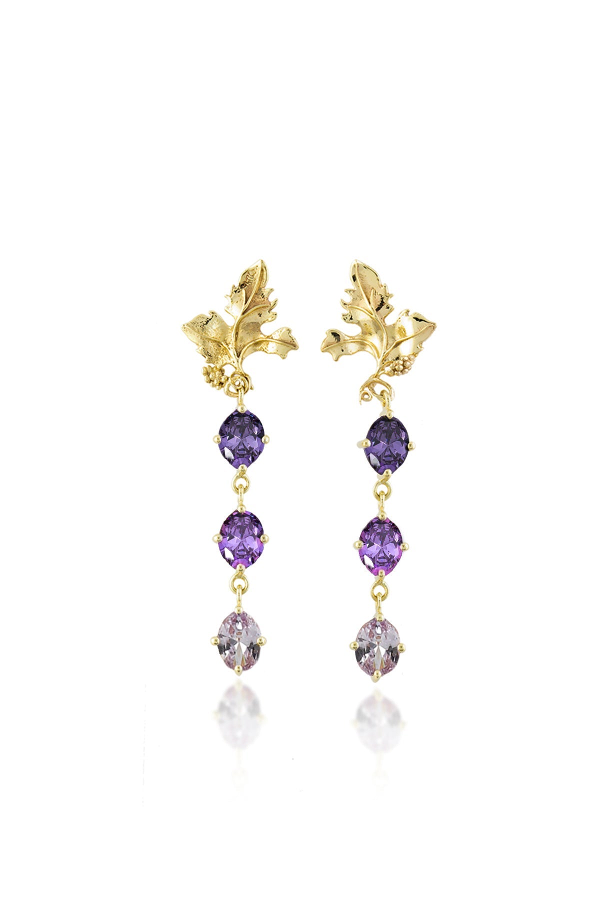 A pair of gold-plated bronze earrings featuring amethyst stones with a pin closure.
