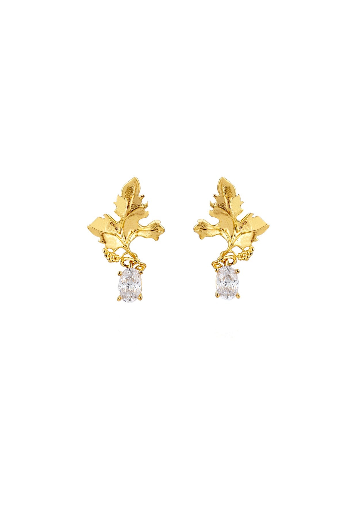 A pair of gold-plated bronze earrings with Swarovski crystals, featuring a leaf-like design with the crystals as accents.