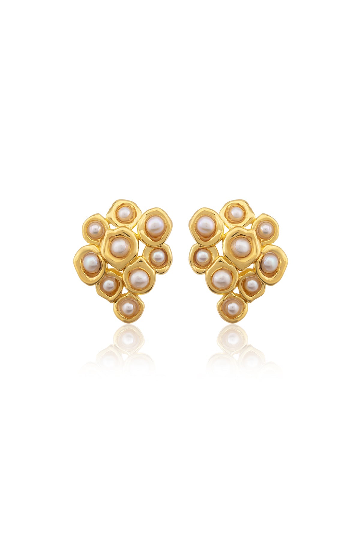 A pair of gold-plated bronze baroque pearl earrings with a pin closure.