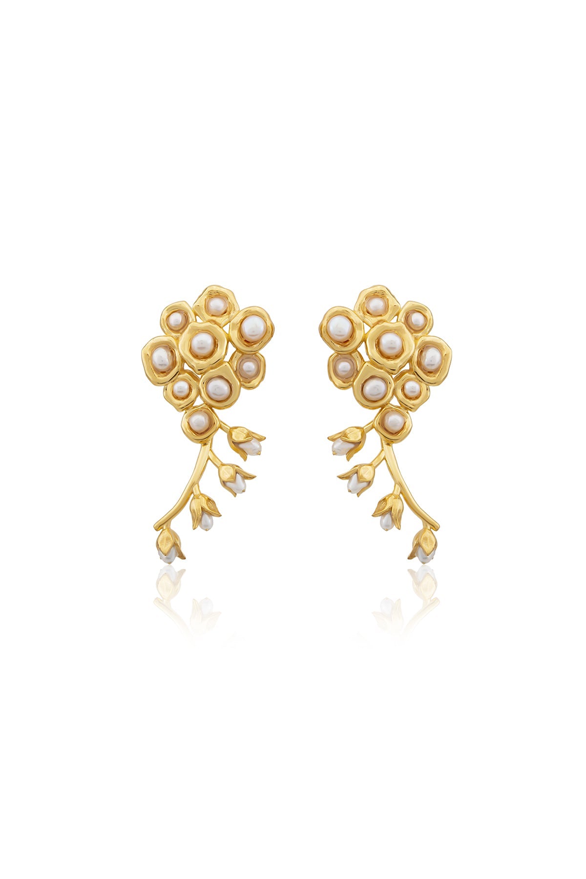 A pair of gold-plated bronze earrings with baroque pearls and a pin closure.