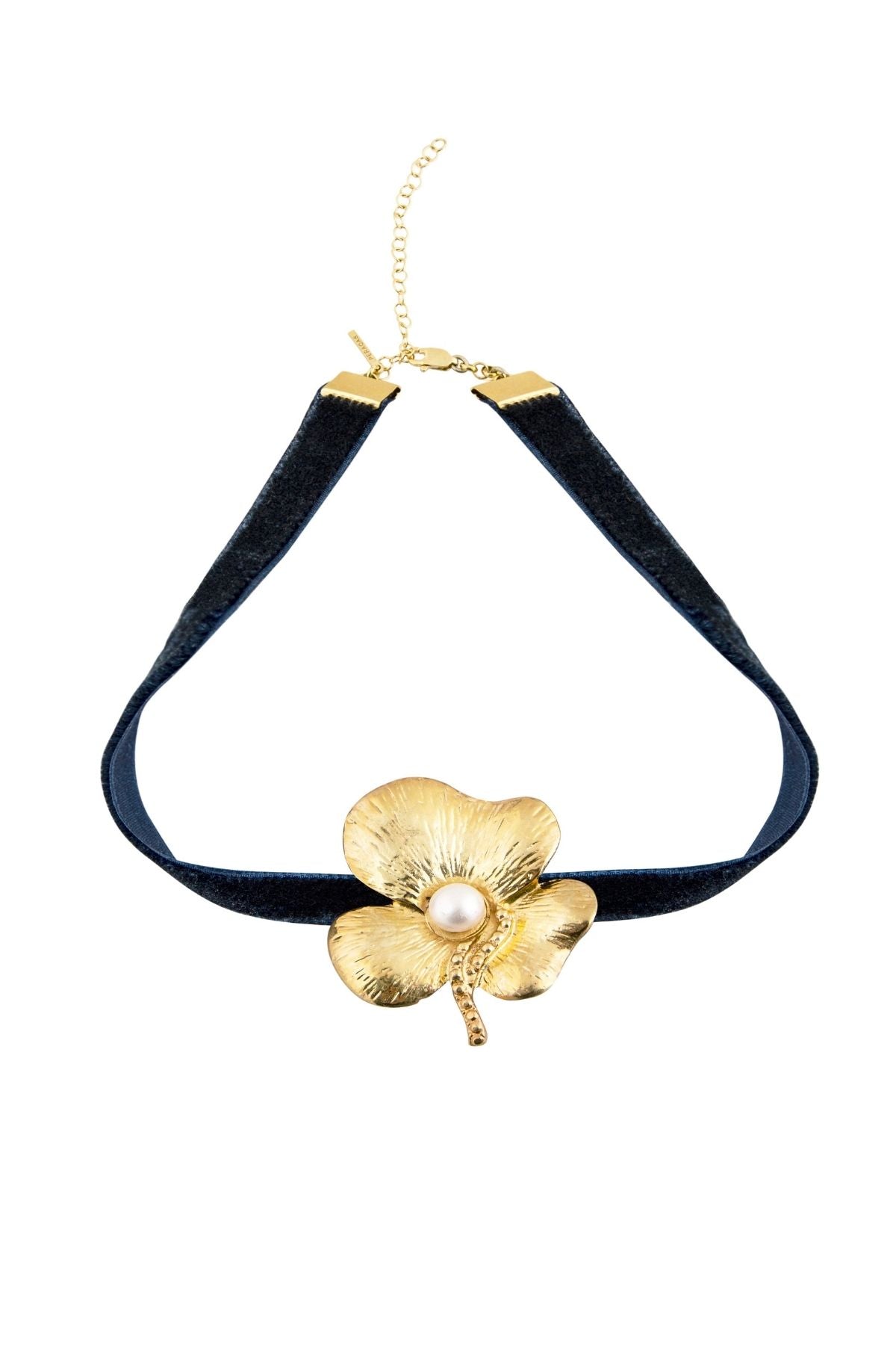 Necklace with gold clover-shaped pendant on a white background