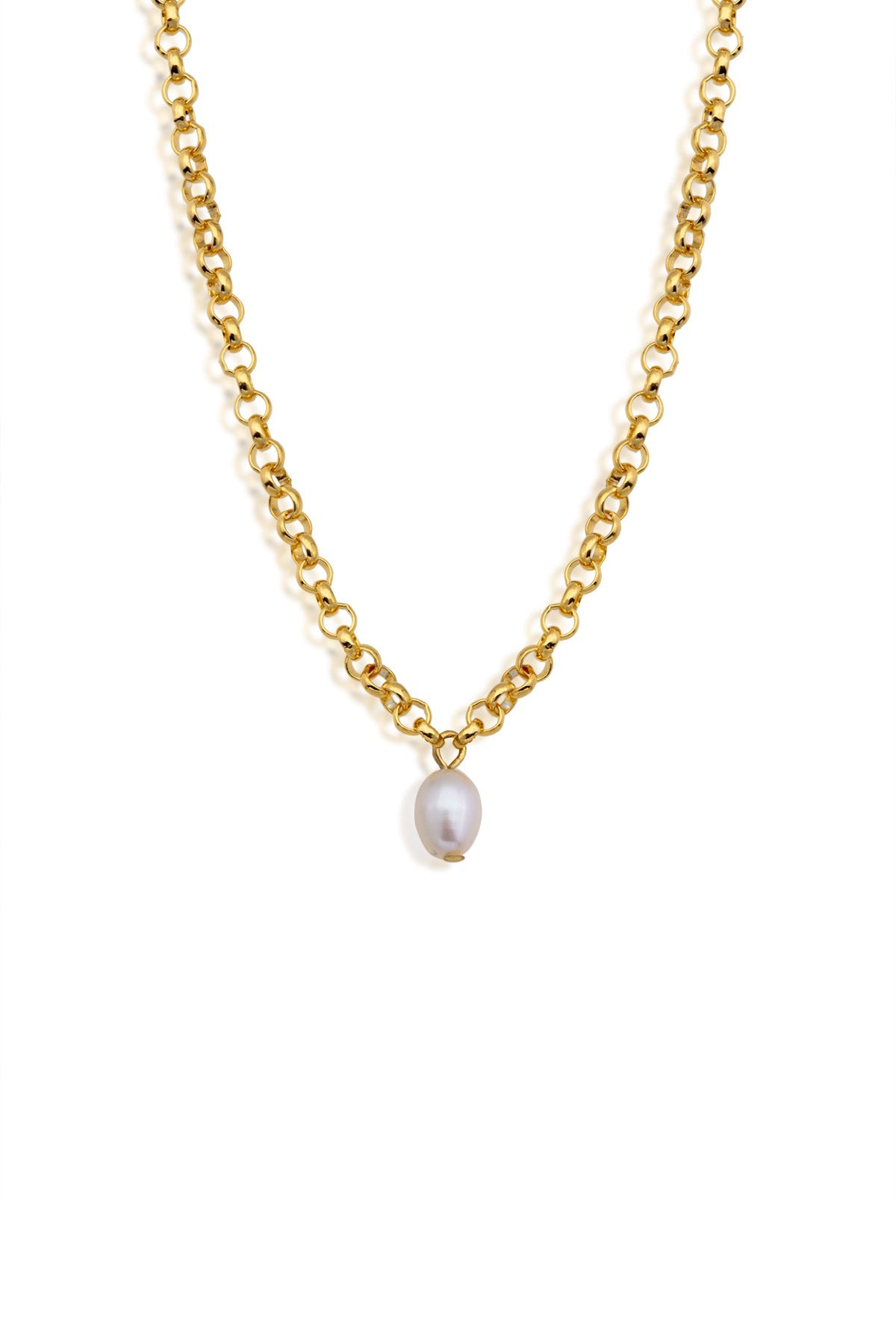 A gold-plated necklace with a bronze chain and a single baroque pearl pendant centered on the chest length.