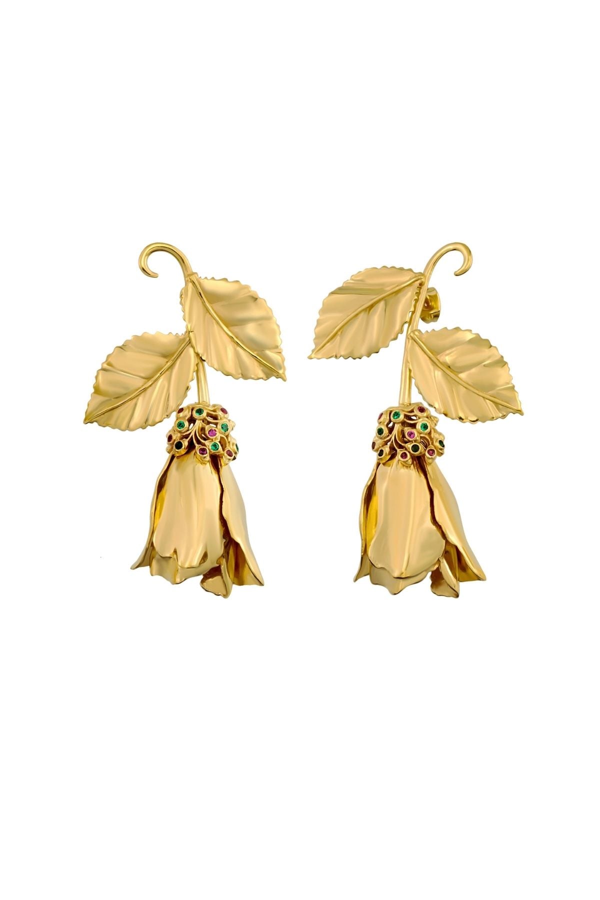 Pair of gold earrings with leaf design on a white background